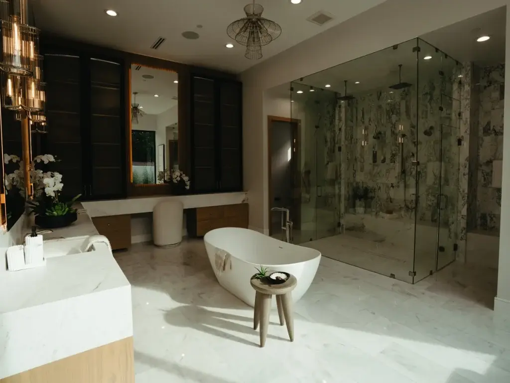 Full marble master bathroom with vanity, freestanding tub and marble shower