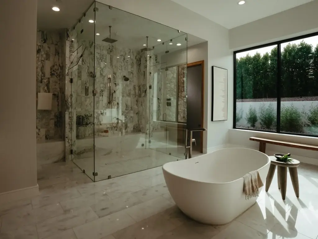 Glass-enclosed marble walk-in shower next to a freestanding tub