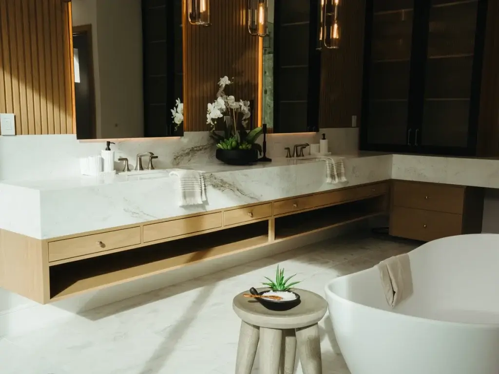 Floating marble vanity with a veined top beside a freestanding tub in a master bathroom