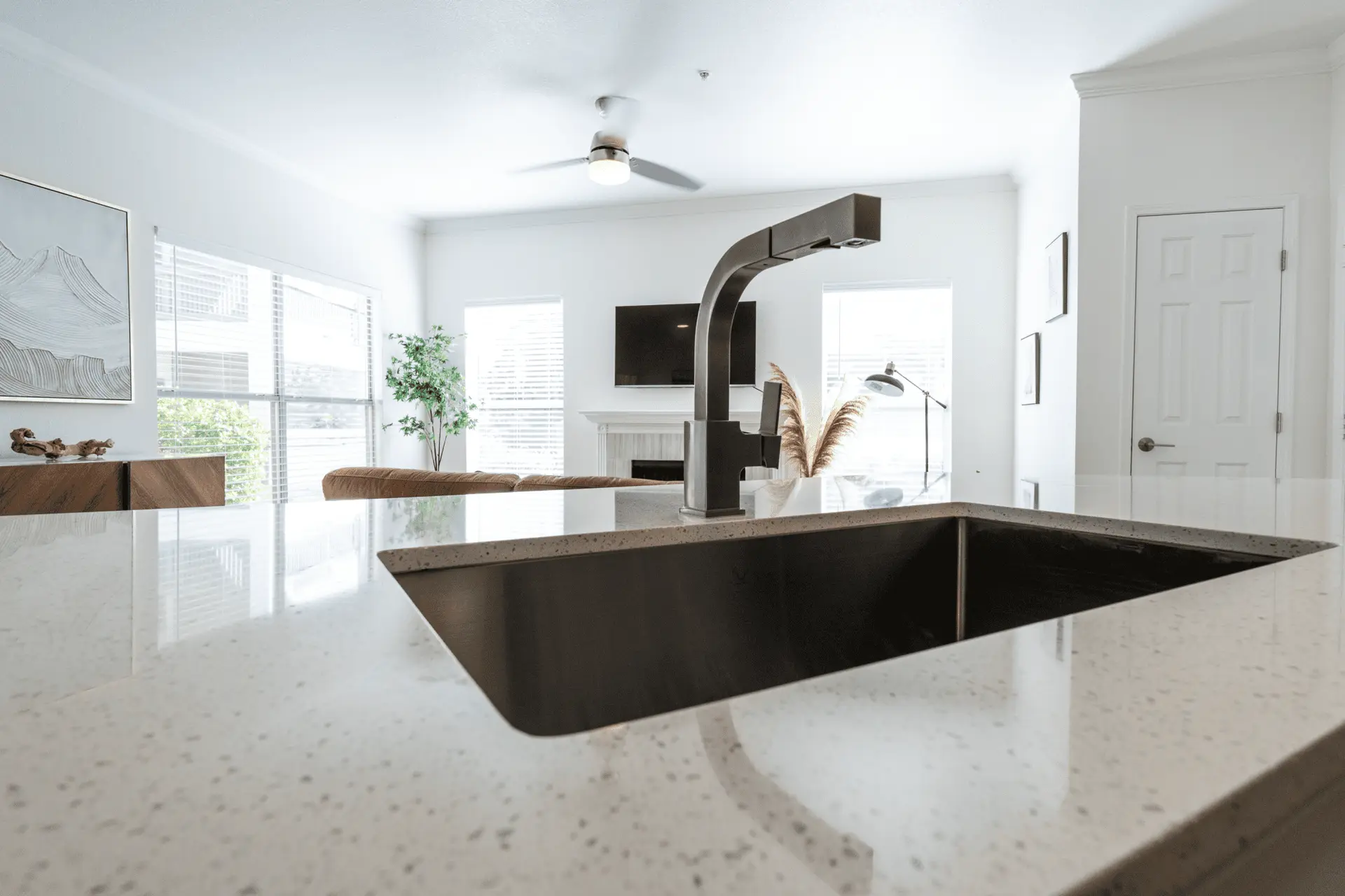 Close-up of a white speckled quartz countertop
